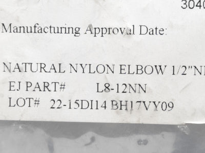 New – Open box Lot of 4 COLE-PARMER L8-12NN Nylon Elbow Connector, 1/2"NPTx3/4"ID