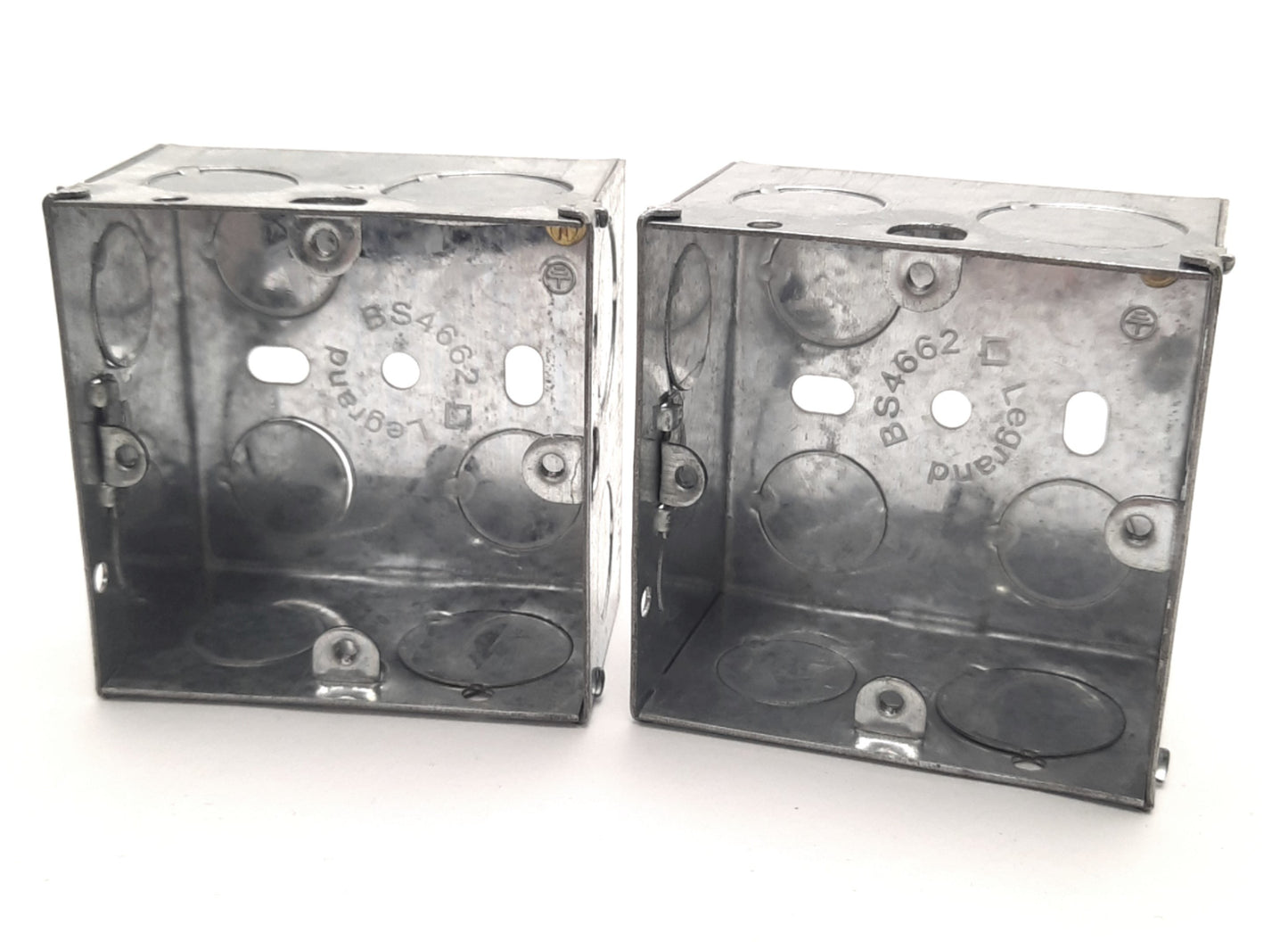 New Lot of 2 Legrand BS 4662 Socket Box, (3) 25mm & (8) 20mm Knock Outs, 48mm Depth