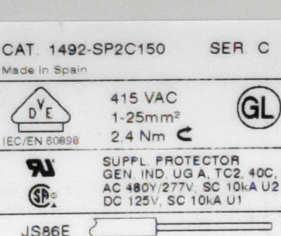 New – Open box Allen Bradley 1492-SP2C150 Miniature Circuit Breaker, 240/415VAC 15A, 2-Pole