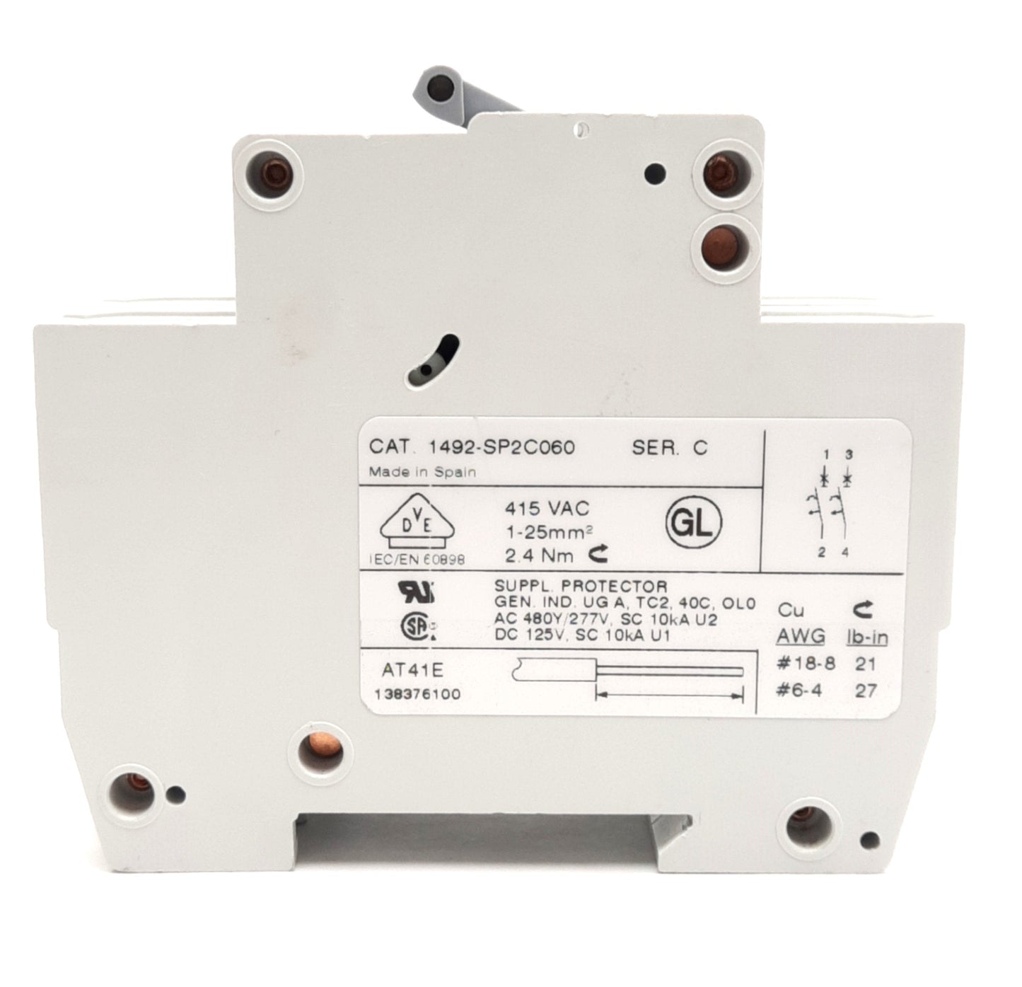 New – Open box ALLEN BRADLEY 1492-SP2C060 Circuit Breaker, 415VAC, 6A, 2 Pole, DIN Rail Mount