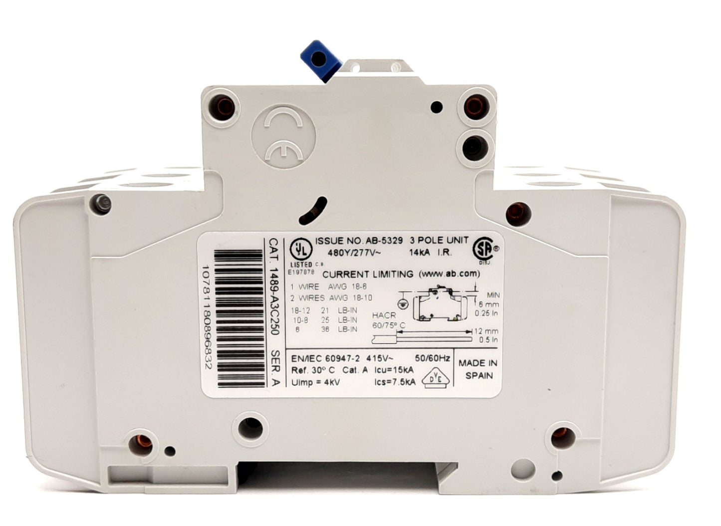 New – Open box Allen Bradley 1489-A3C250 Circuit Breaker, 3POLE, 25A, 480Y/277VA DIN RAIL