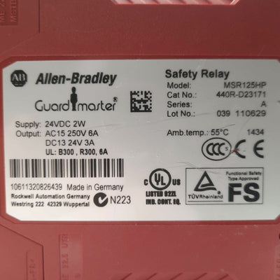 Used Allen Bradley 440R-D23171 Ser. A Guardmaster Safety Relay 2-Hand 250V 6A 24VDC