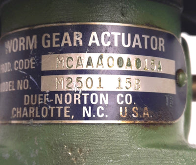 Used Duff Norton M2501-15B Worm Gear Actuator, 15" Lift, 1 Ton Capacity, Upright