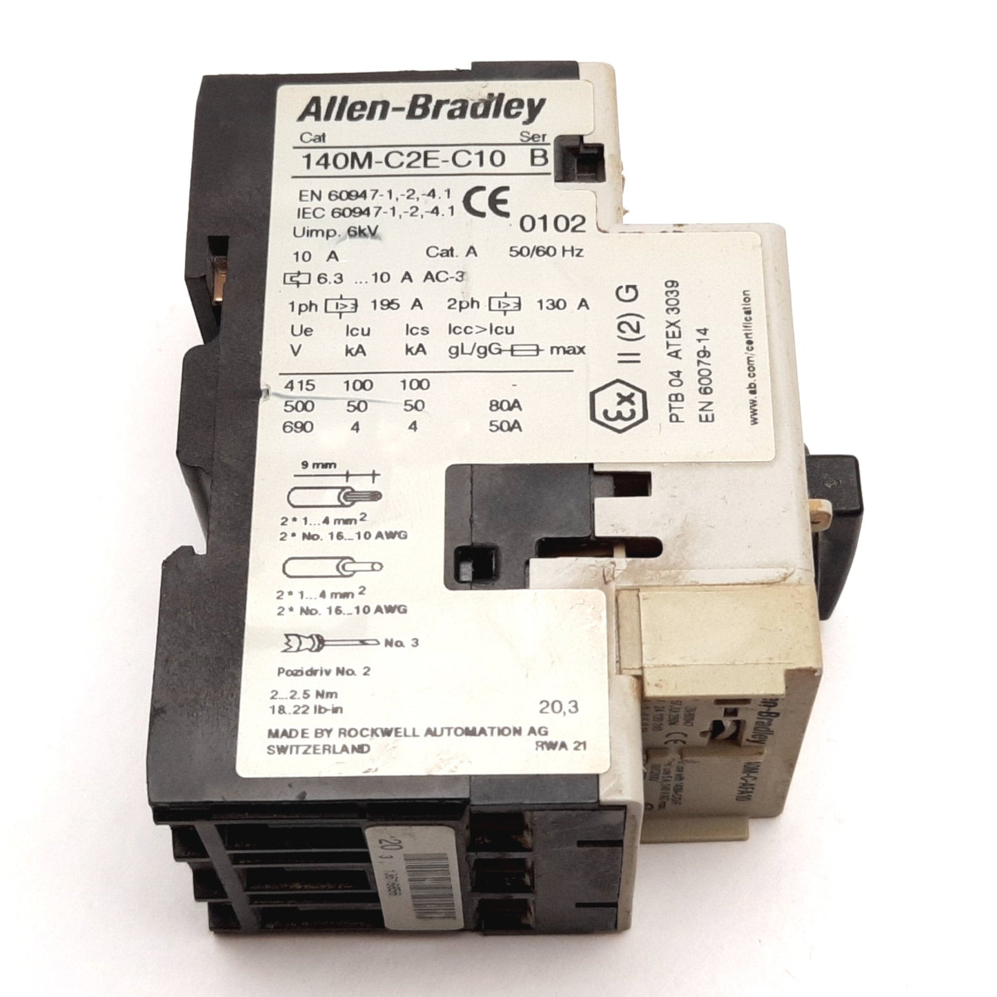 Used Allen Bradley 140M-C2E-C10 Motor Protector Circuit Breaker 3-Pole 6.3-10A W/ Aux