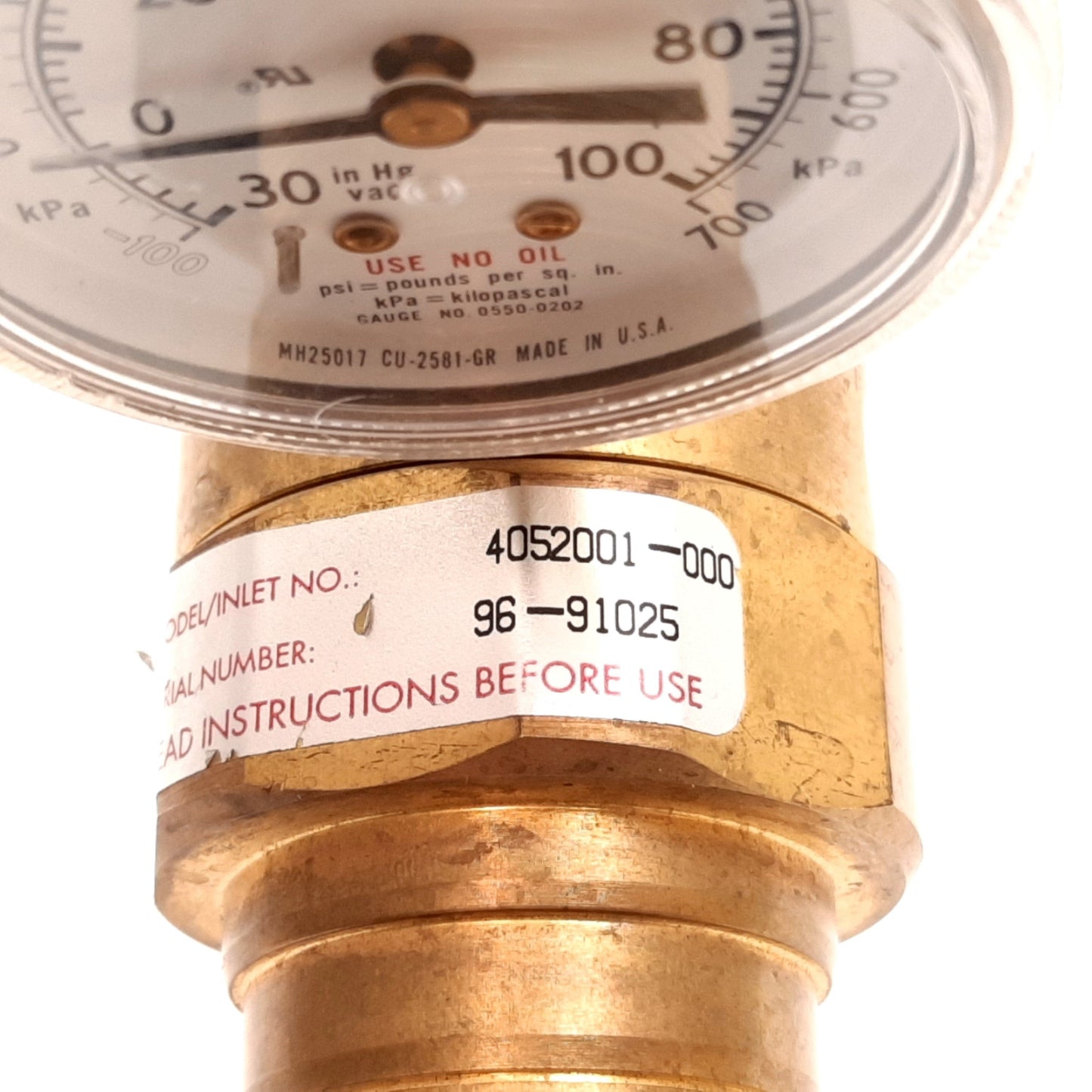 Used Concoa 4052001-000 Gas Regulator, In: 3000psi Max, Out: 0-50psi, W/ 100psi Gauge
