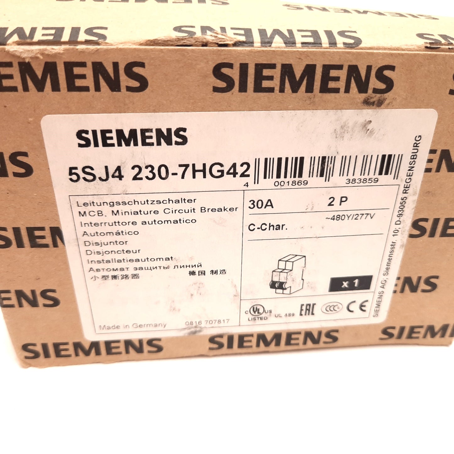 New Siemens 5SJ4230-7HG42 Circuit Breaker, 2-Pole, Rating: 30A 480Y/277V, C-Curve