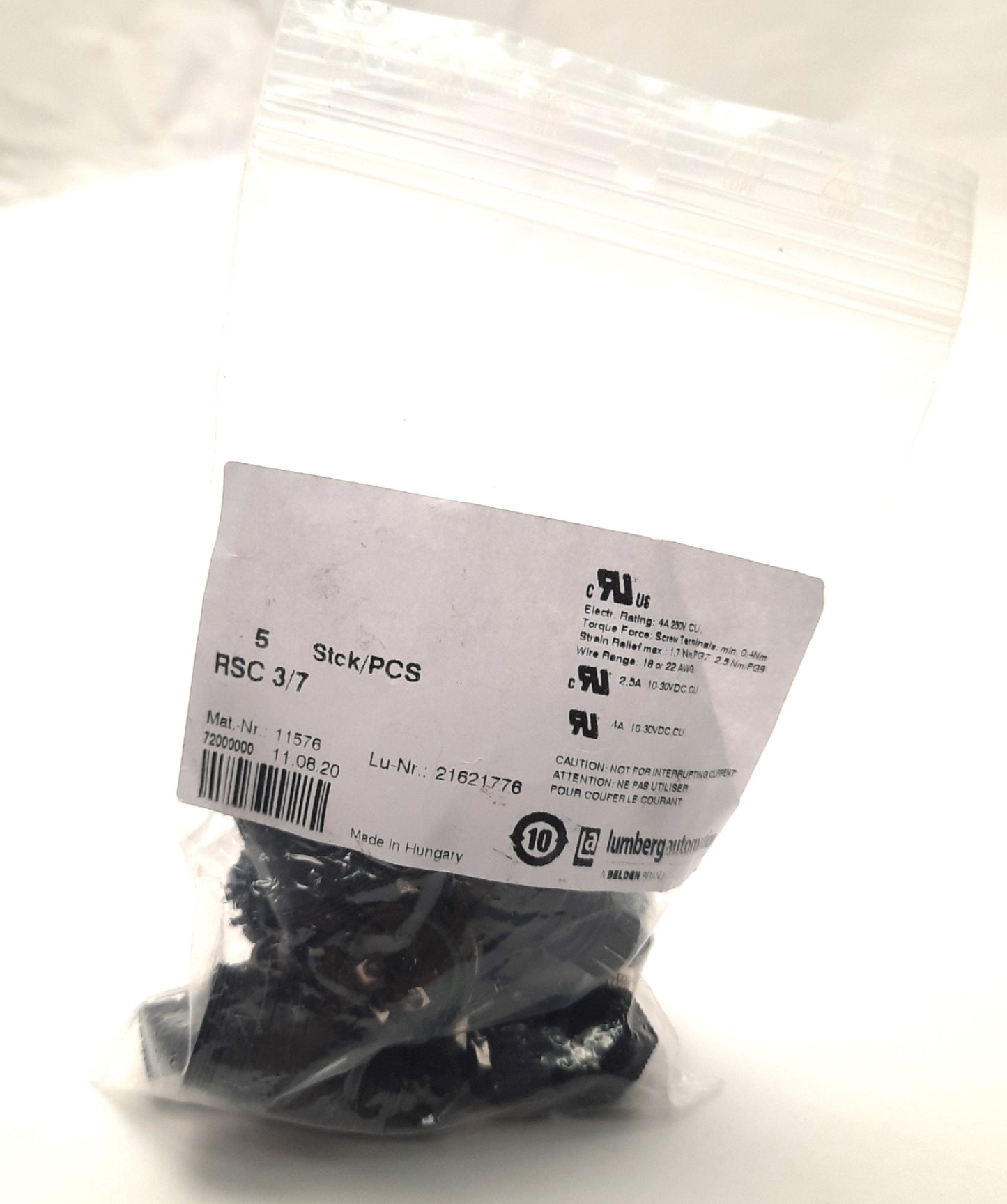 New Lot of 5 Lumberg Automation RSC 3/7 Field Wireable Connector M12 3-Pin, 240V 4A