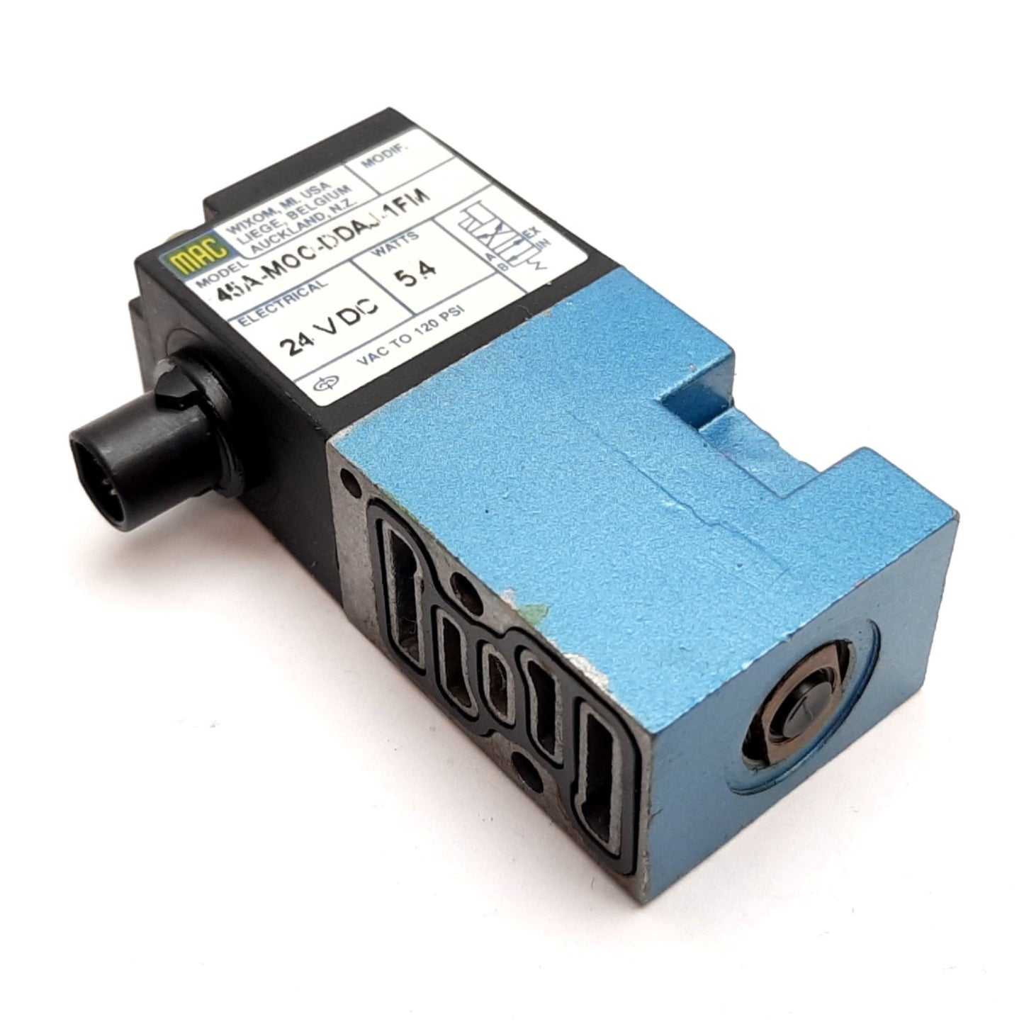 Used Mac 45A-M00-DDAJ-1FM Solenoid Valve, 2-Position 4-Port, 24VDC, Vacuum to 120psi