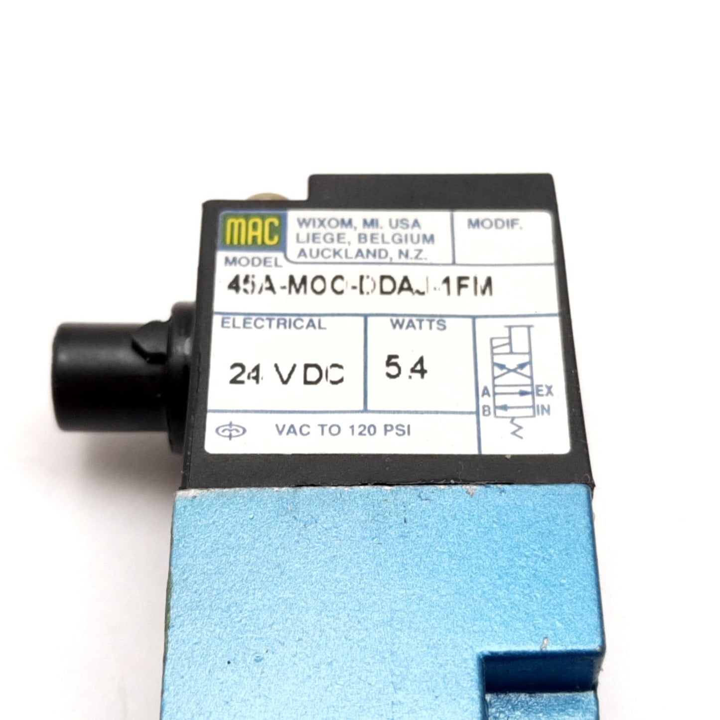 Used Mac 45A-M00-DDAJ-1FM Solenoid Valve, 2-Position 4-Port, 24VDC, Vacuum to 120psi