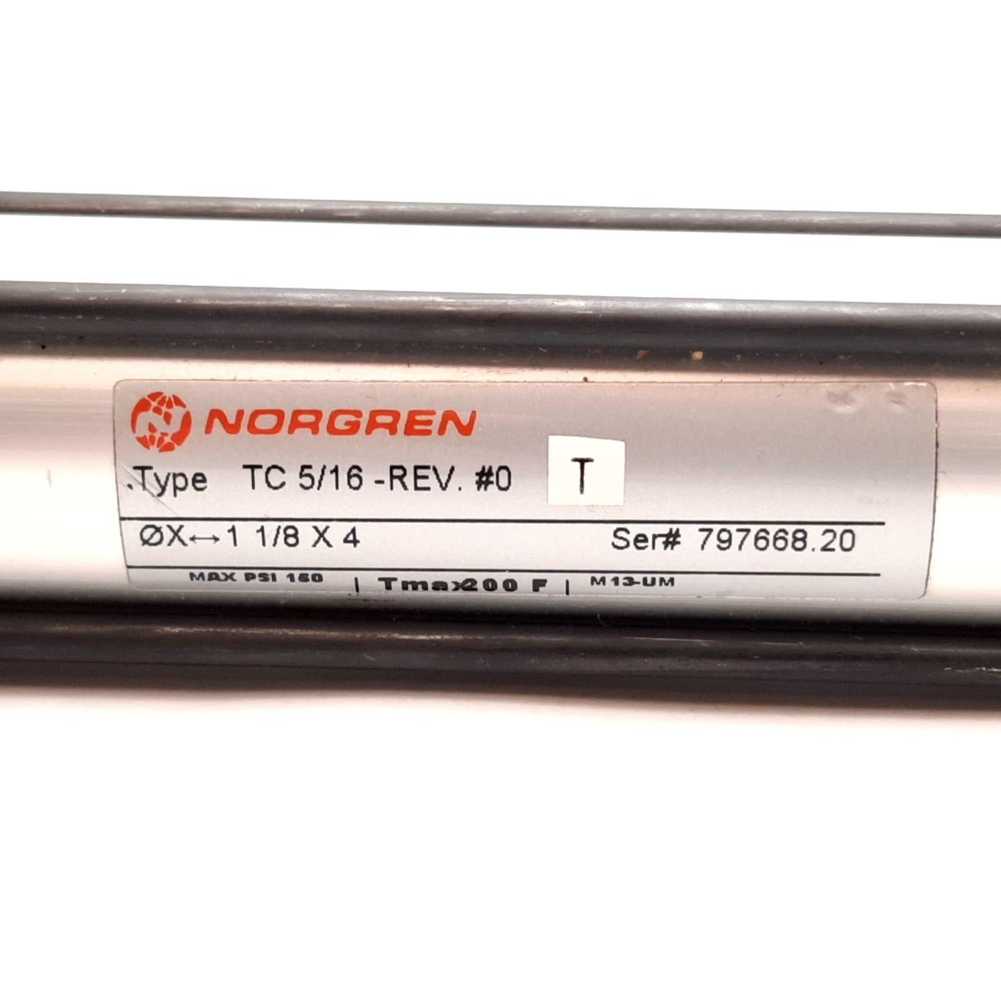 Used Norgren TC5/16-REV.#0 Pneumatic Cylinder, Bore: 1-1/8", Stroke: 4", 150psi Max
