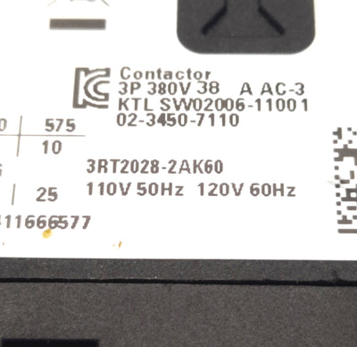 New – Open box Siemens 3RT2028-2AK60 Contactor, 3PST-NO 38A 400VAC, 1CO Aux, 110-120VAC Coil