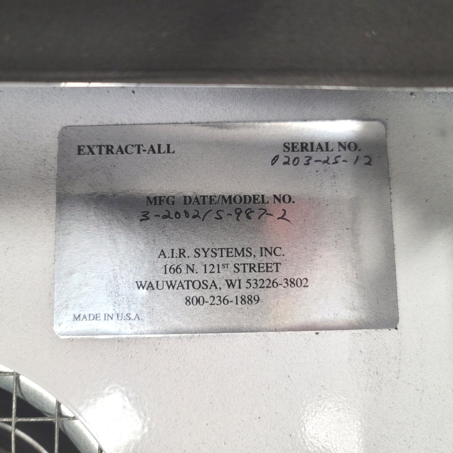 Used Air Systems S-987-2 Extract-All Fume Dust Smoke Extractor, HEPA, 175CFM, 120VAC