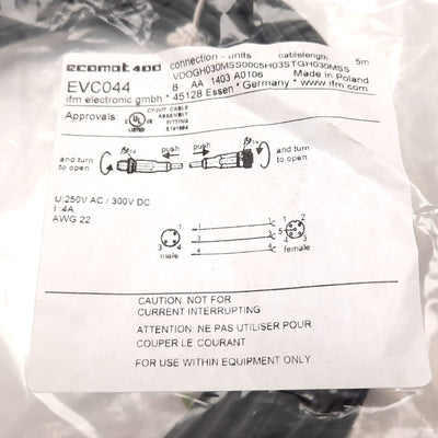 New IFM EVC044 Connection Cable, 3-Pin Male to 5-Pin Female M12, 5m, 250VAC 300VDC