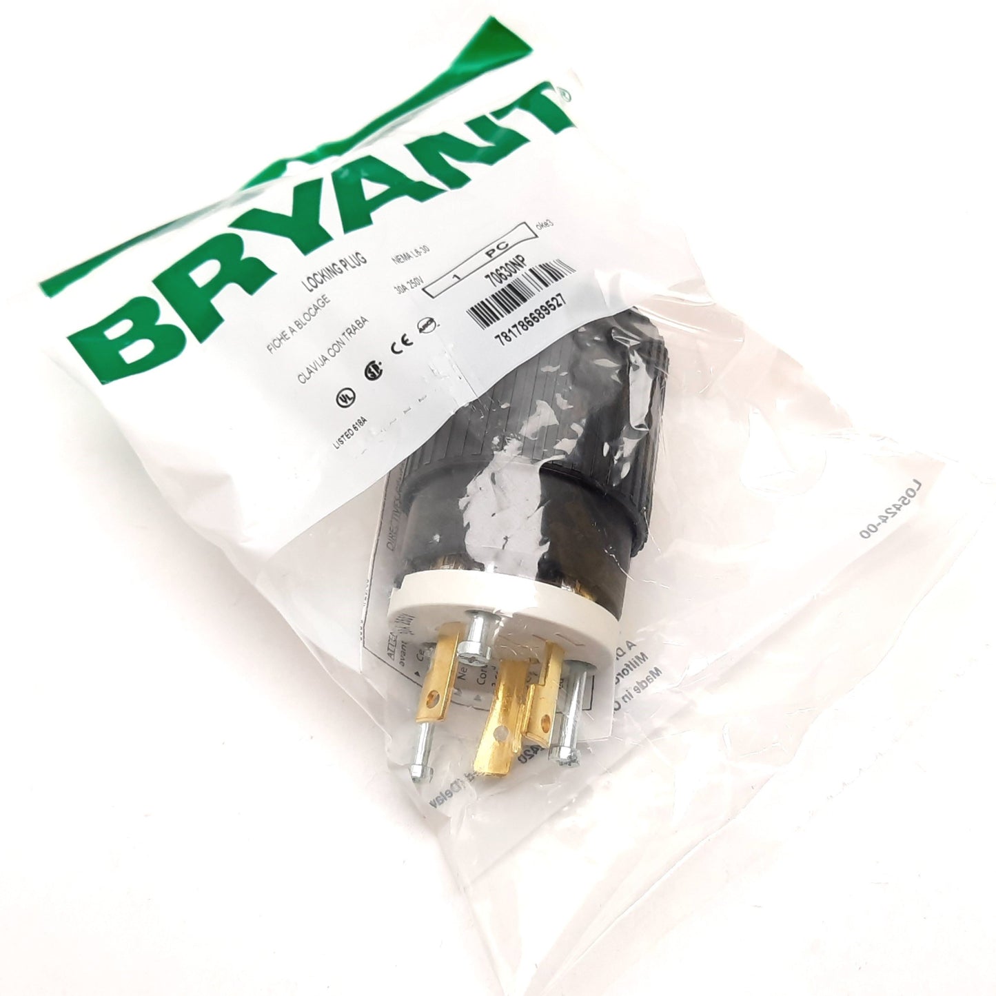 New Bryant 70630NP Locking Electrical Plug, Male, 2-Pole 3-Wire Grounding, 30A 250V