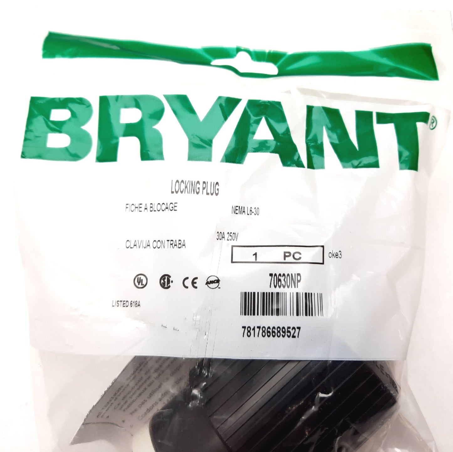 New Bryant 70630NP Locking Electrical Plug, Male, 2-Pole 3-Wire Grounding, 30A 250V