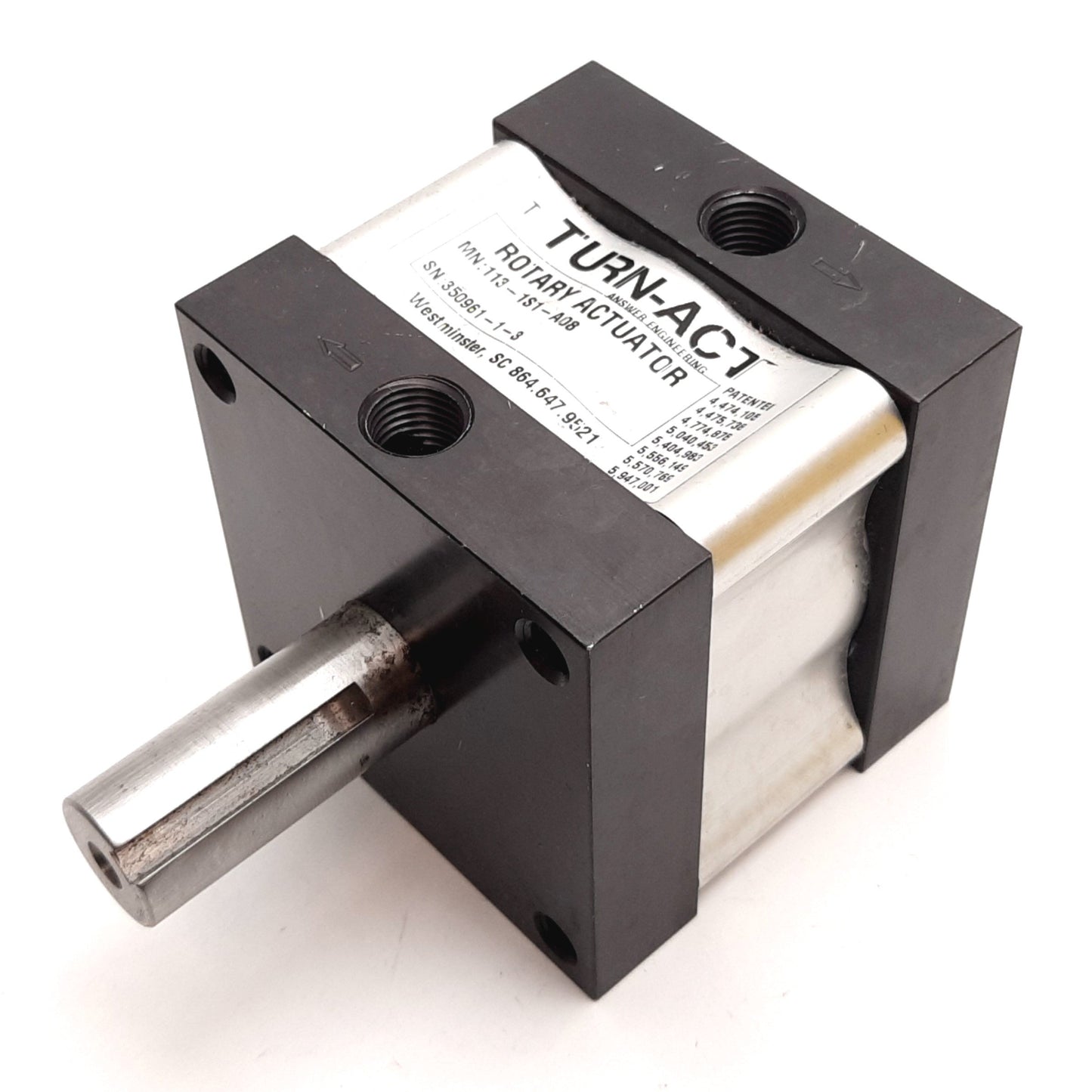 Used Turn-Act 113-1S1-A08 Rotary Actuator, 180°, 35-200psi, 1/4" NPT, 3/4" Shaft