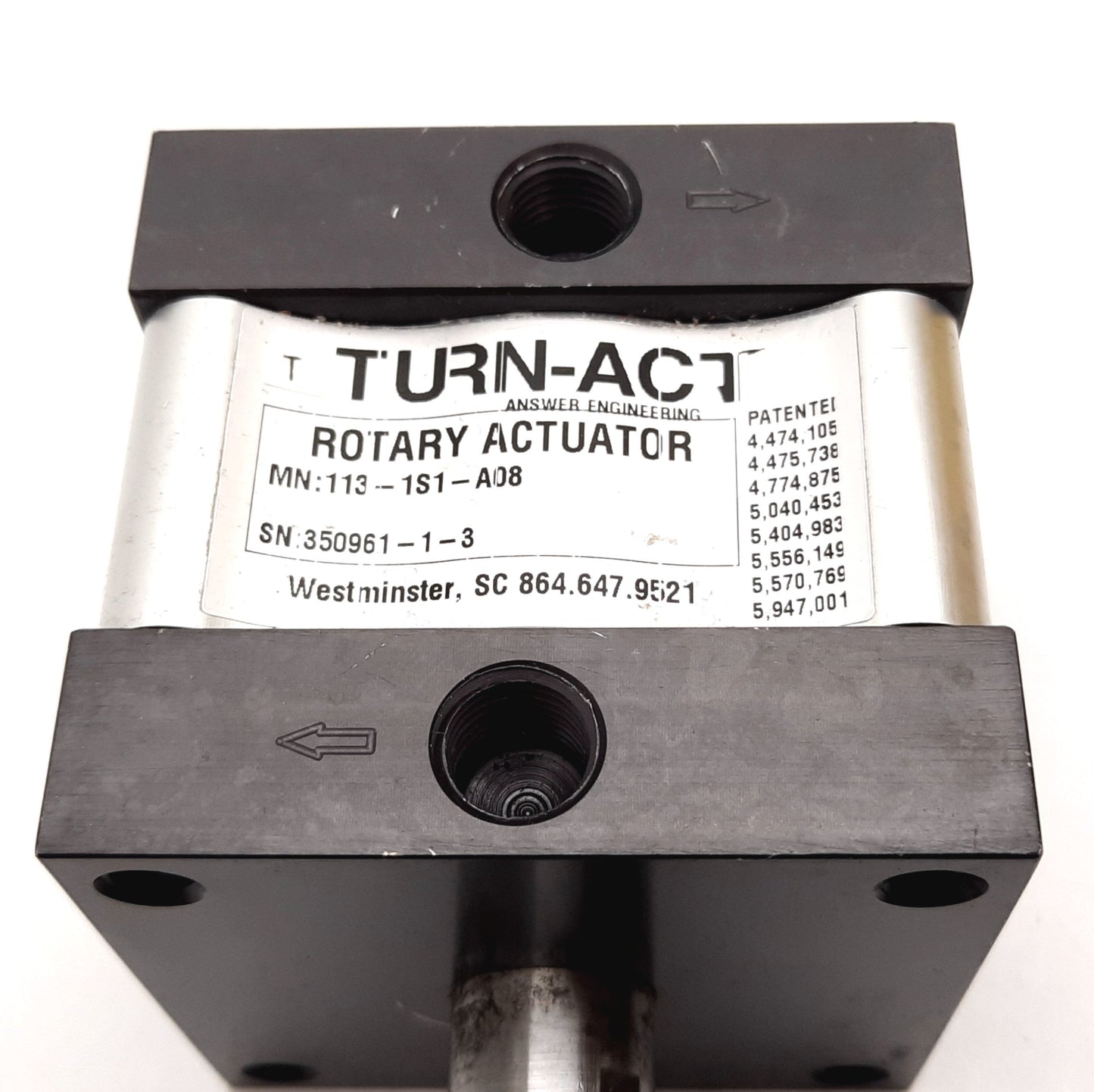 Used Turn-Act 113-1S1-A08 Rotary Actuator, 180°, 35-200psi, 1/4" NPT, 3/4" Shaft