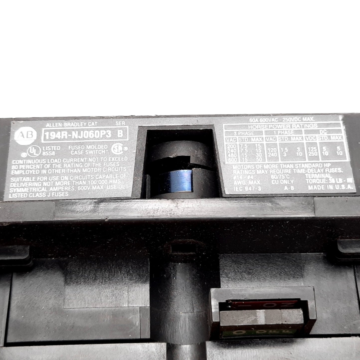 Used Allen Bradley 194R-NJ060P3 Disconnect Switch, 3-Pole, Rating: 60A 600VAC 250VDC