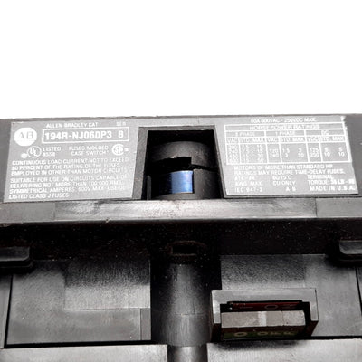 Used Allen Bradley 194R-NJ060P3 Disconnect Switch, 3-Pole, Rating: 60A 600VAC 250VDC