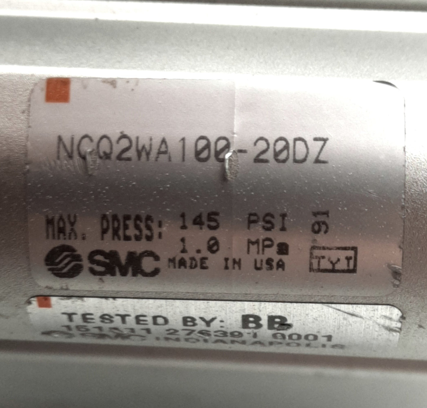 Used SMC NCQ2WA100-20DZ Pneumatic Cylinder, 100mm Bore 20mm Stroke, Dbl. Rod/Action