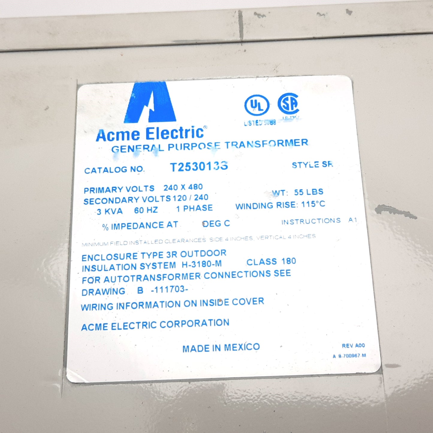 Used Acme Electric T253013S Transformer, 3kVA, 1-Phase, Pri: 240X480V, Sec: 120/240V