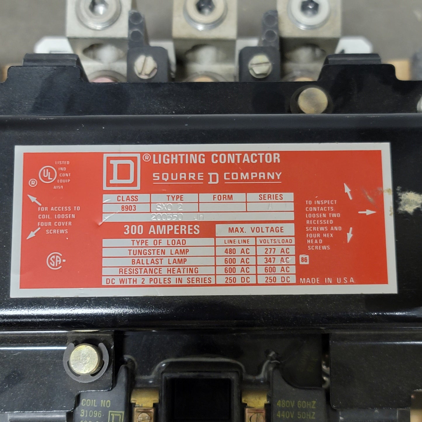Used Square D 8903 SX0 2 Lighting Contactor 3-Pole, 600VAC/250VDC, 300A, 480VAC Coil