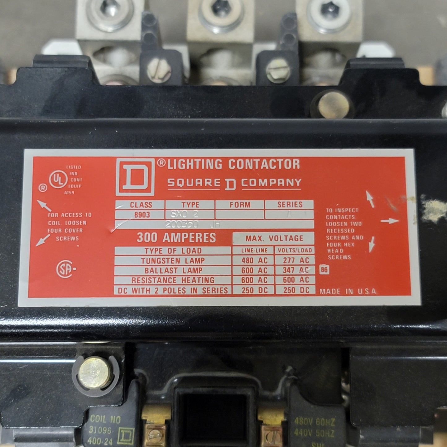 Used Square D 8903 SX0 2 Lighting Contactor 3-Pole, 600VAC/250VDC, 300A, 480VAC Coil