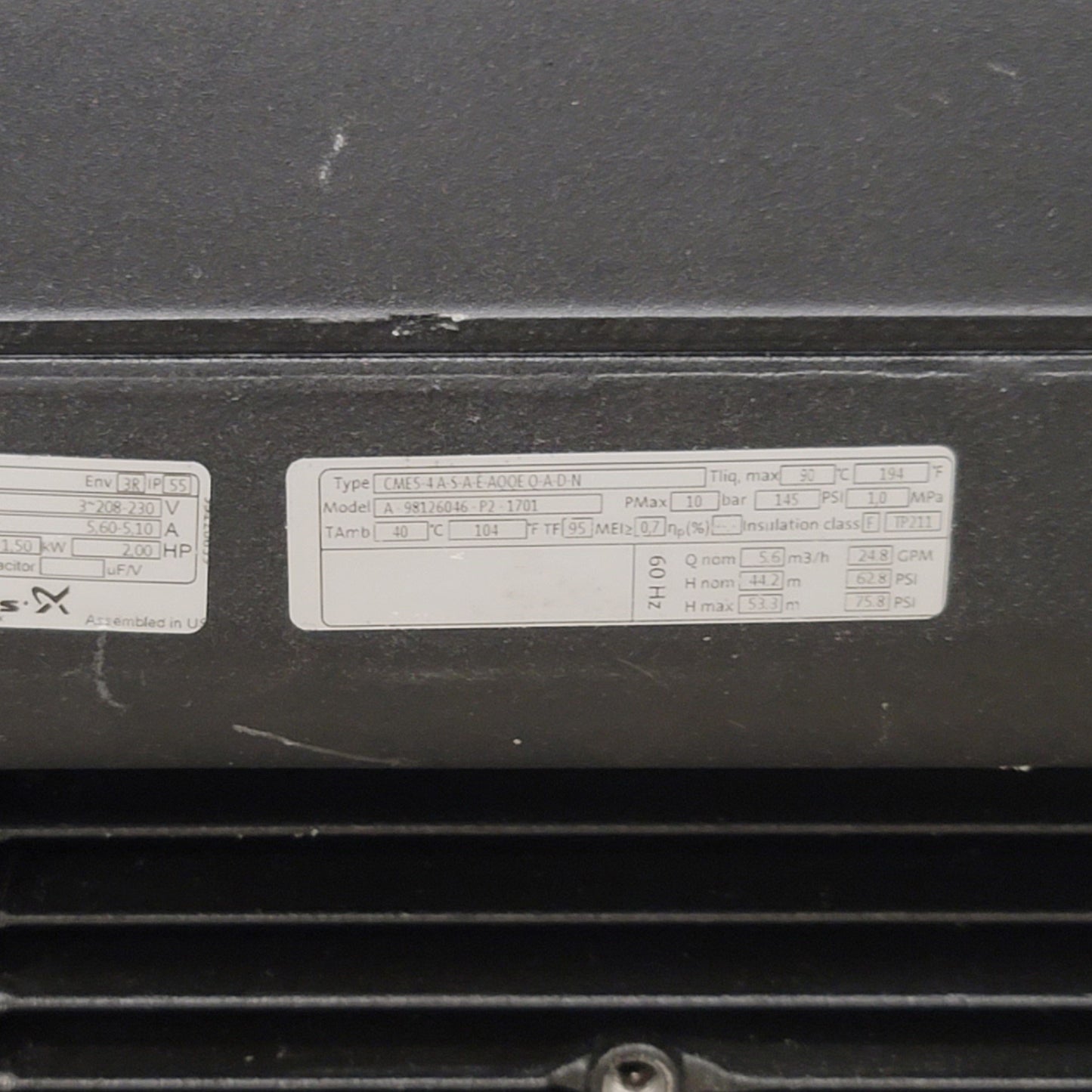 Used Grundfos CME5-4 A-S-A-E-AQQE Q-A-D-N Multi-Stage Pump 2HP 208/230VAC 3-Ph, 5m³/h
