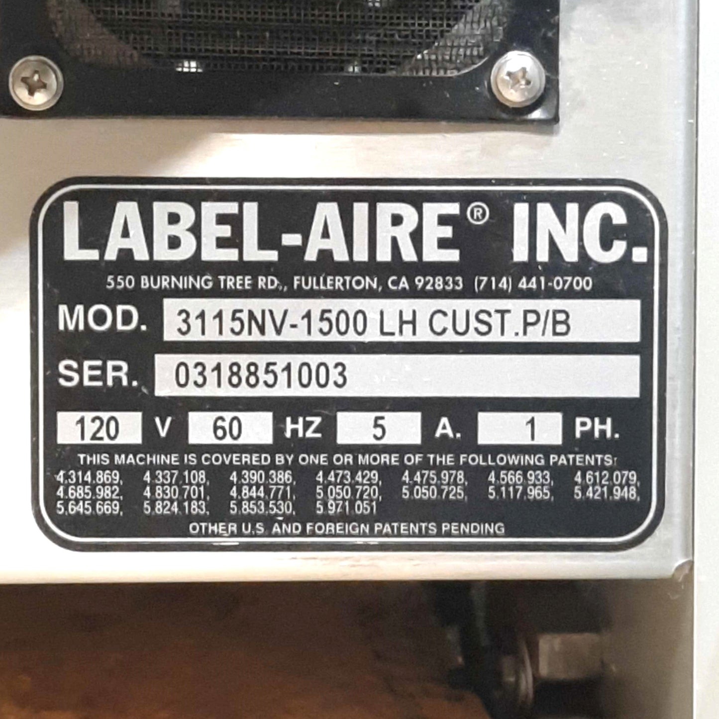 Used LABEL-AIRE 3115NV-1500 LH Wipe-On Labeller 7.13" Web 1500ft/min Left Hand 120VAC
