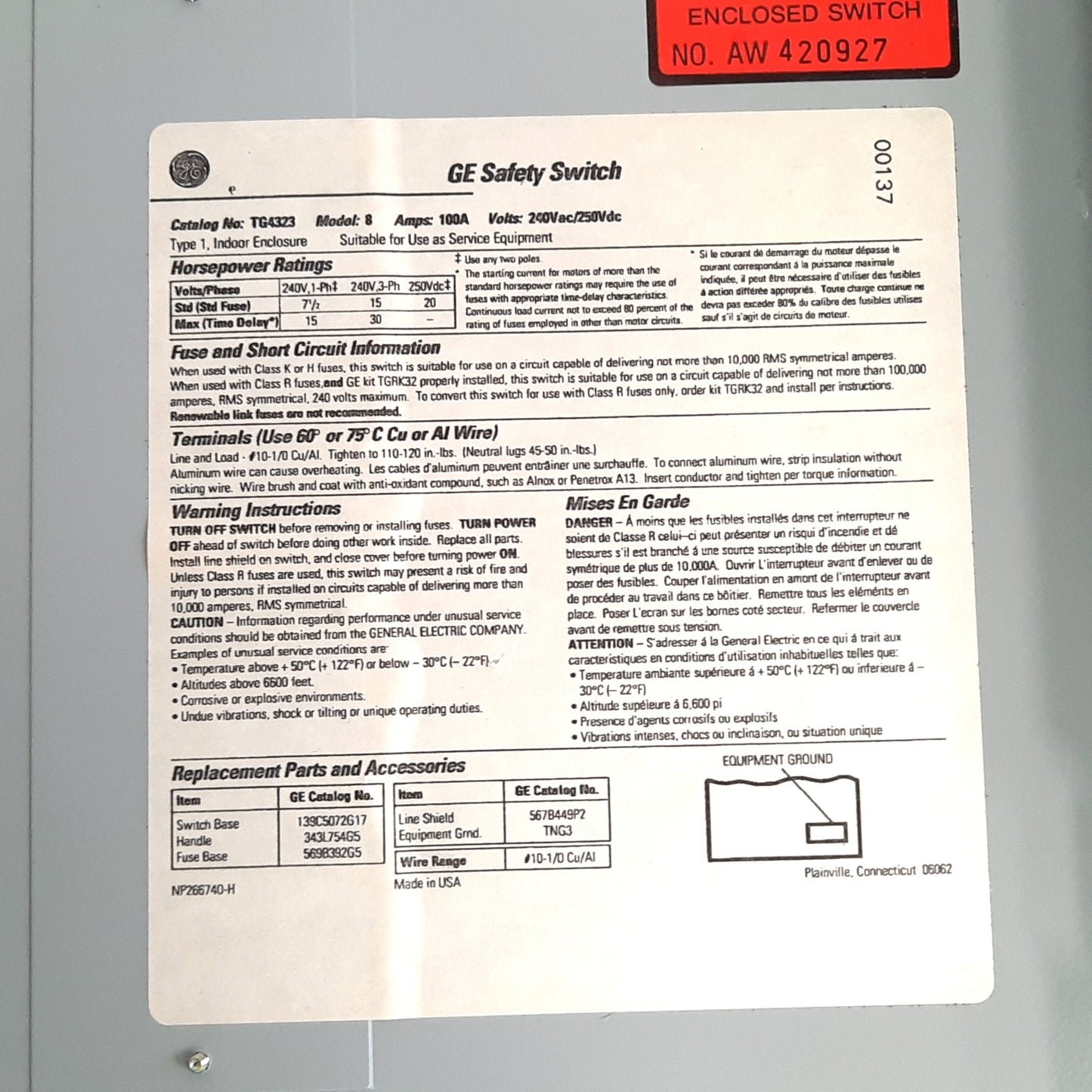 Used GE TG4323 Safety Switch, 3-Pole, Rating: 100A 240VAC/250VDC, With 80A Fuses