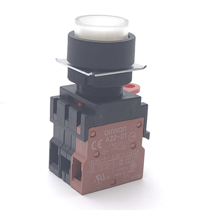New – Open box Omron A22L-TW-24A-11M Lighted Pushbutton Switch, 24VAC/VDC, SPST-NO/NC Contacts