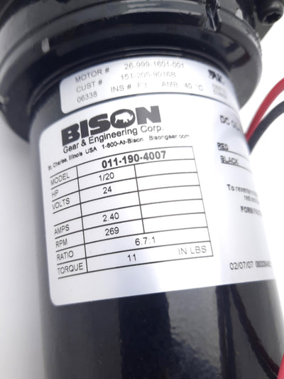 New Bison 011-190-4007 Gear Motor 24VDC, 2.4A 6.7:1 Ratio, 1/20HP, 11in-lbs 269rpm