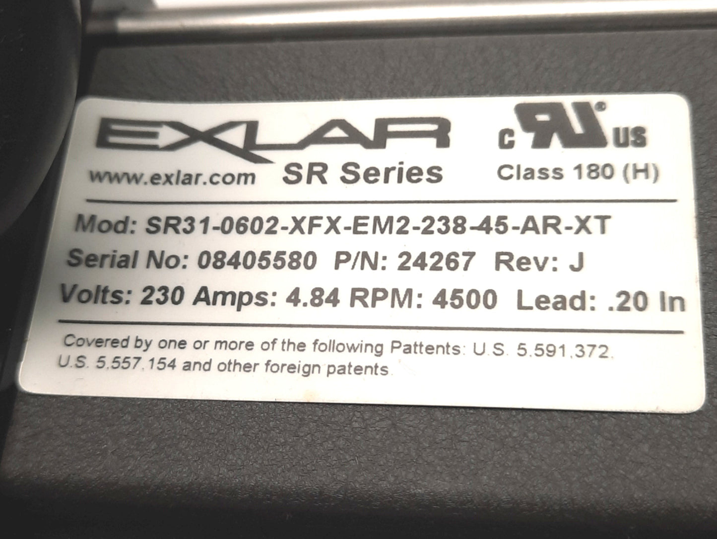 Used Exlar SR31-0602-XFX-EM2-238-45-AR-XT Linear Actuator 230VAC 4.84A 4500 RPM