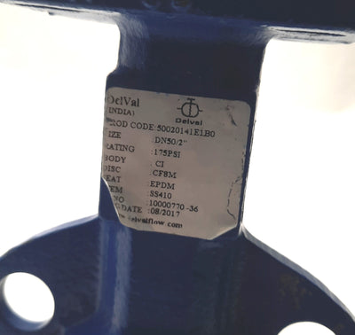 Used DelVal Flow Controls DN50/2" 50020141E1B0 Butterfly Valve, 2" Pipe Size, 175 Psi