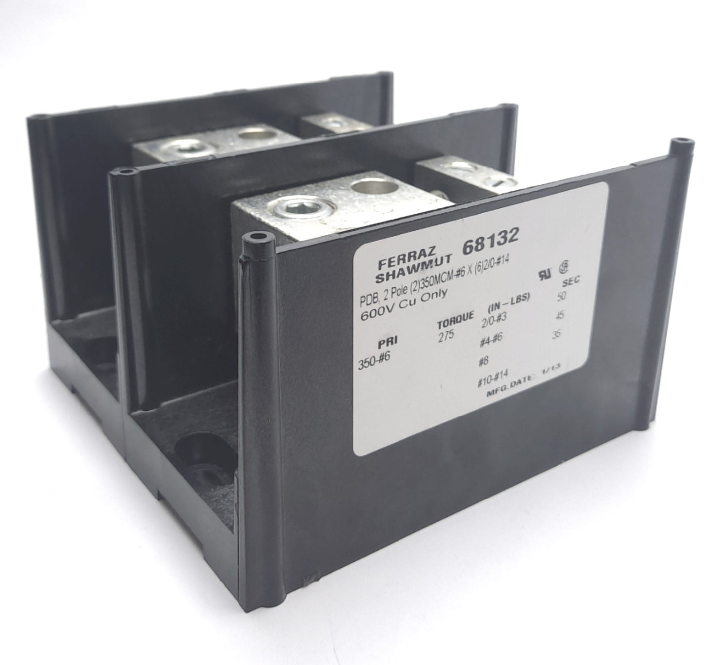 Used Mersen Ferraz Shawmut MPDB68132 Power Distribution Block 2-Poles 600V 620A, 2x6