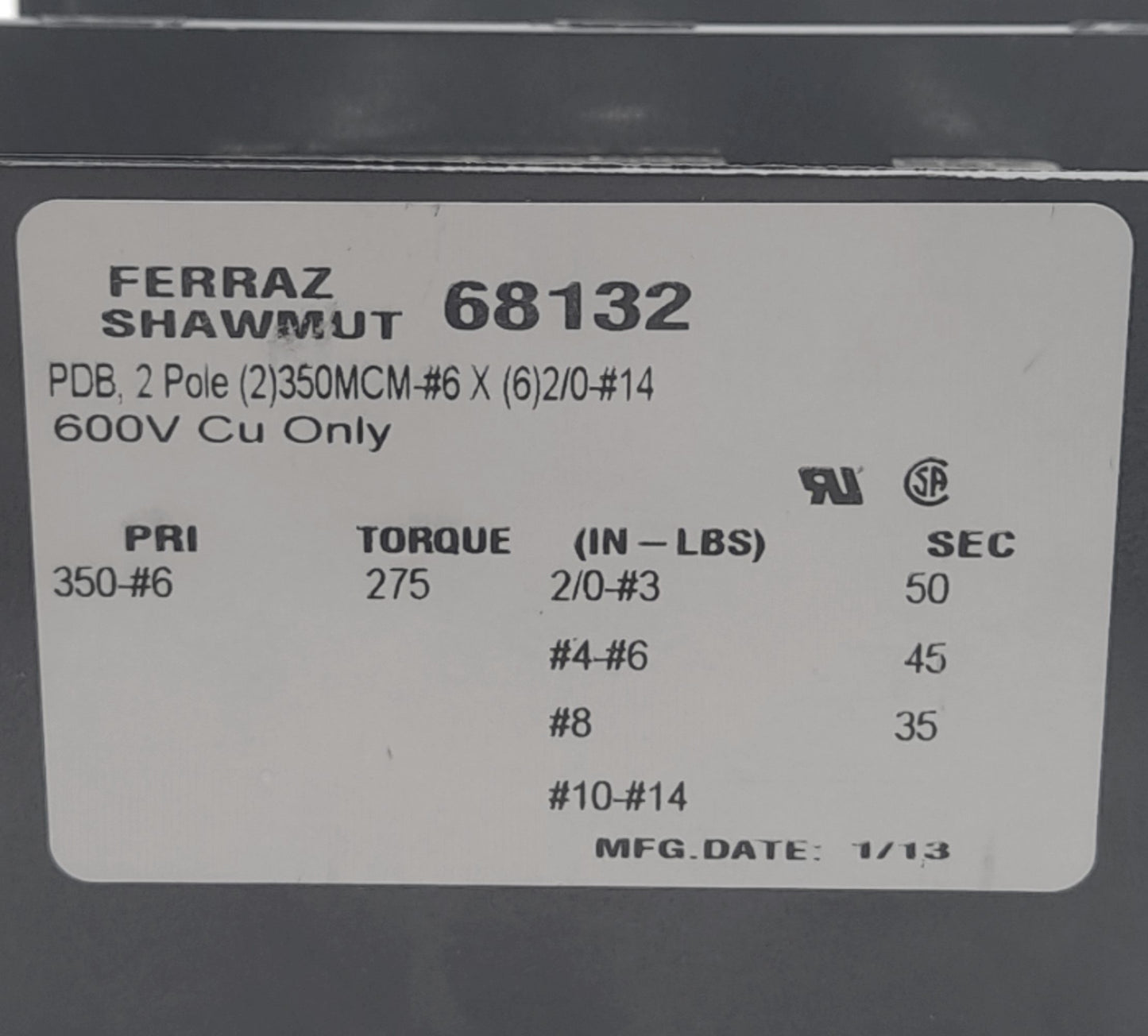 Used Mersen Ferraz Shawmut MPDB68132 Power Distribution Block 2-Poles 600V 620A, 2x6