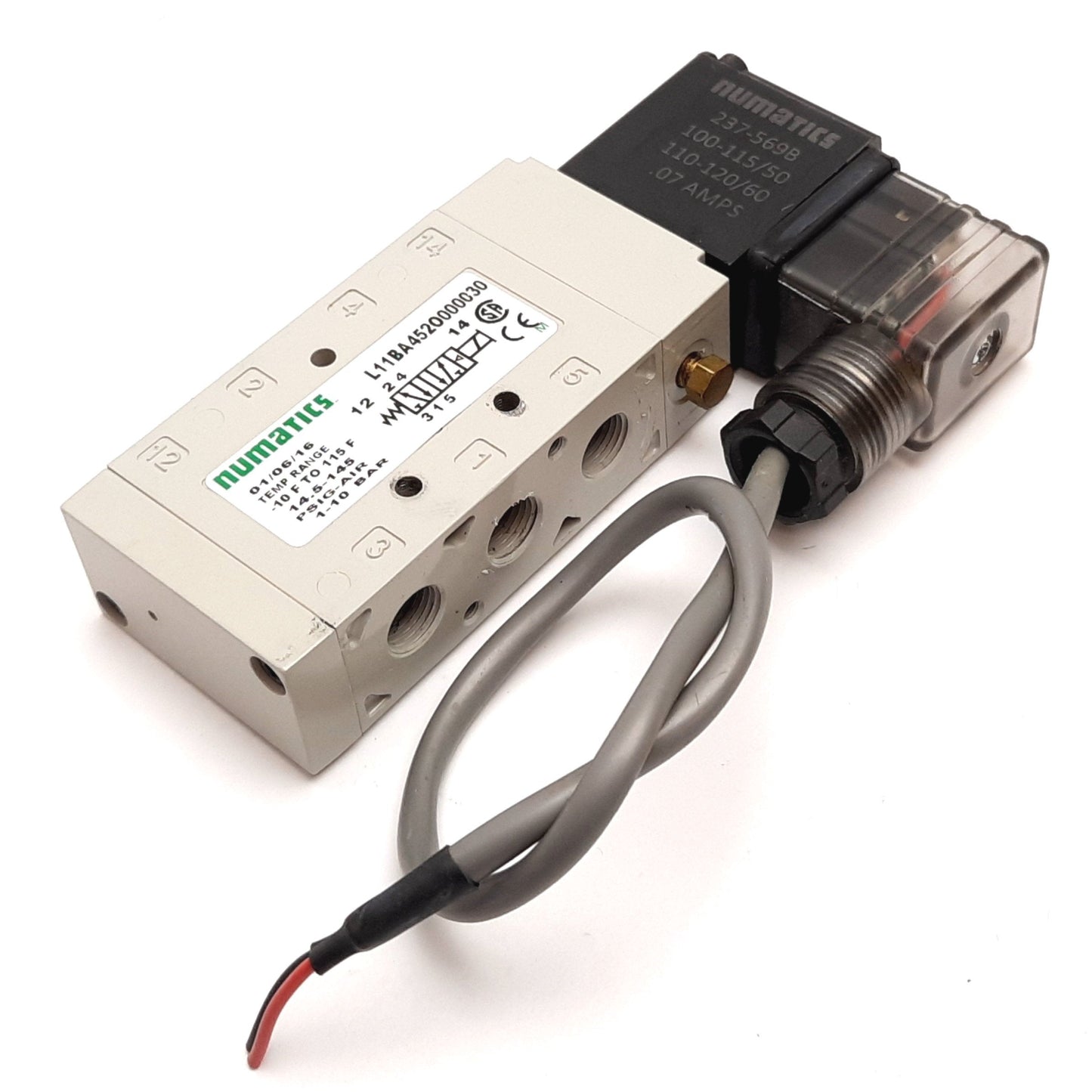 Used Numatics L11BA452O000030 Solenoid Valve, 2-Position 5-Port 100-120VAC 1/8" NPT