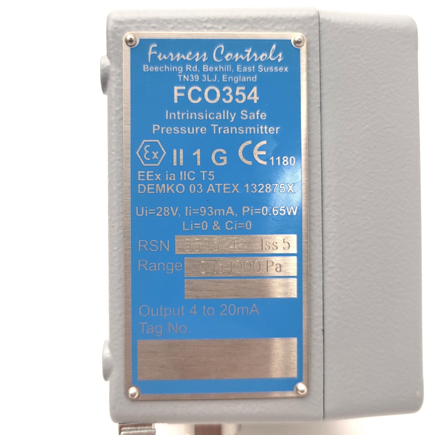 Used Furness Controls FCO354 Intrinsically Safe Pressure Transmitter 0-1000Pa, 4-20mA