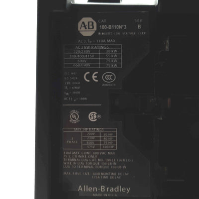 Used Allen Bradley 100-B110ND3 Contactor, 3-Pole, 600V 110A, 110/120 50/60Hz Coil