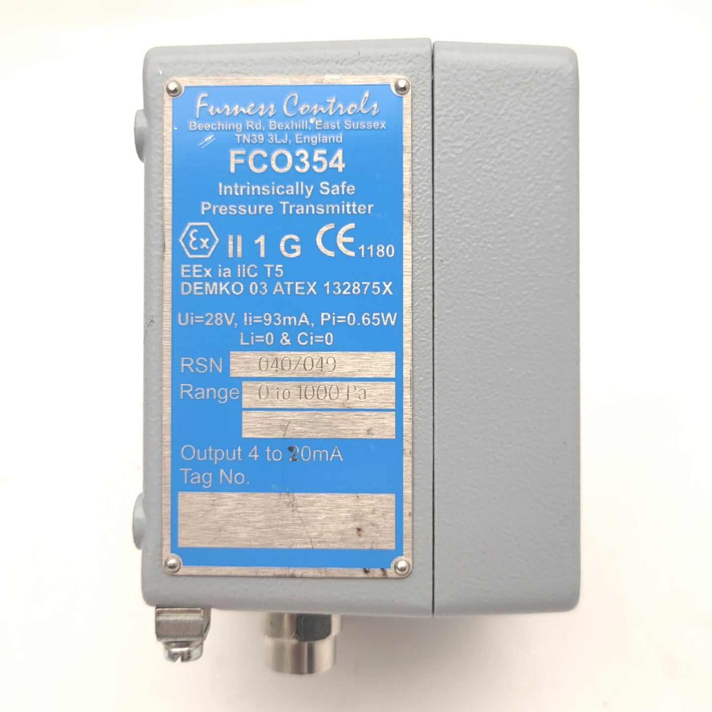 Used Furness Controls FCO354 Intrinsically Safe Pressure Transmitter 4-20mA, 0-1000Pa