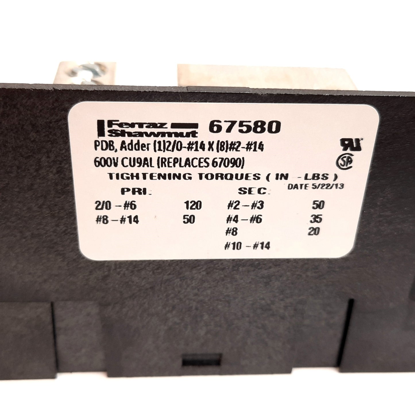 New Ferraz Shawmut 67580 Power Distribution Block, 1-Pole, 8-Outputs/Pole, 600V