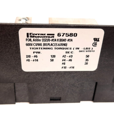 New Ferraz Shawmut 67580 Power Distribution Block, 1-Pole, 8-Outputs/Pole, 600V