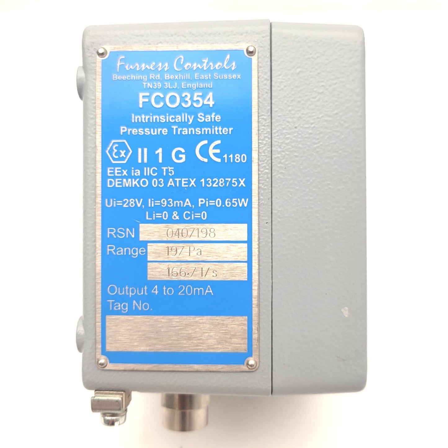 Used Furness Controls FCO354 Intrinsically Safe Pressure Transmitter 4-20mA, 0-197Pa