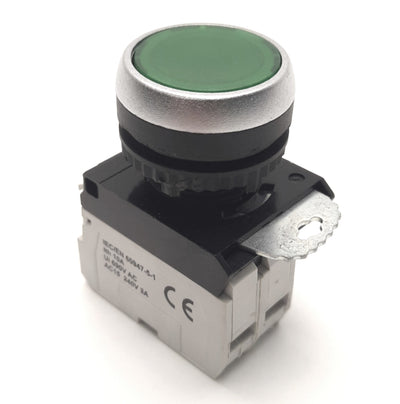 Used BACO L21AH20L Pushbutton With 33E10 NO Contact & 33EAGL 24v Light Block, Green