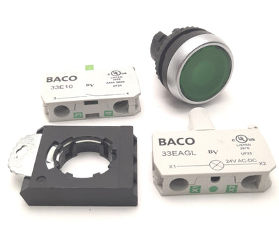 Used BACO L21AH20L Pushbutton With 33E10 NO Contact & 33EAGL 24v Light Block, Green