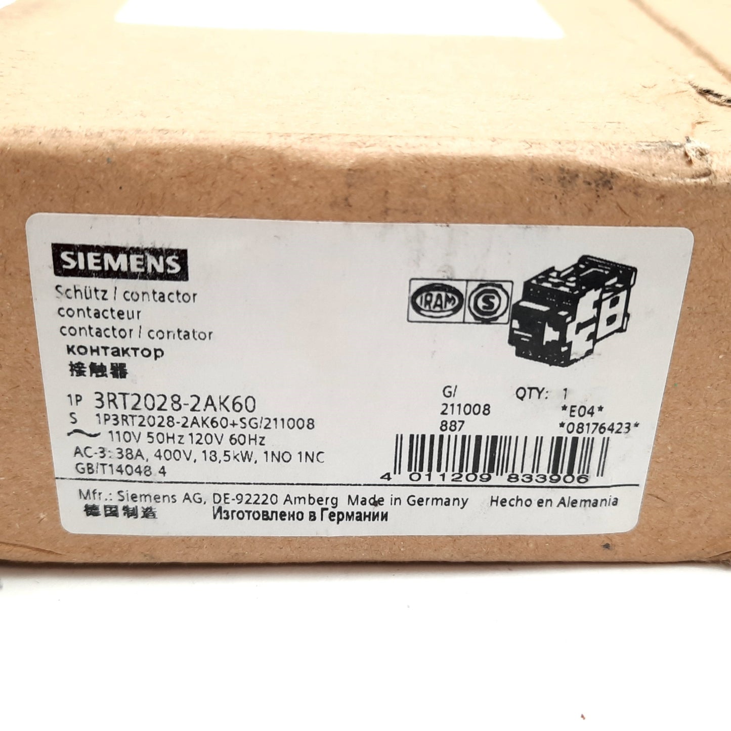 New – Open box Siemens 3RT2028-2AK60 Contactor, 3PST-NO, 110-120VAC Coil, 600VAC 38A Contacts