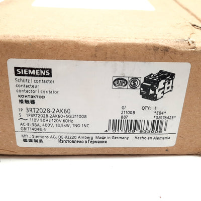 New – Open box Siemens 3RT2028-2AK60 Contactor, 3PST-NO, 110-120VAC Coil, 600VAC 38A Contacts