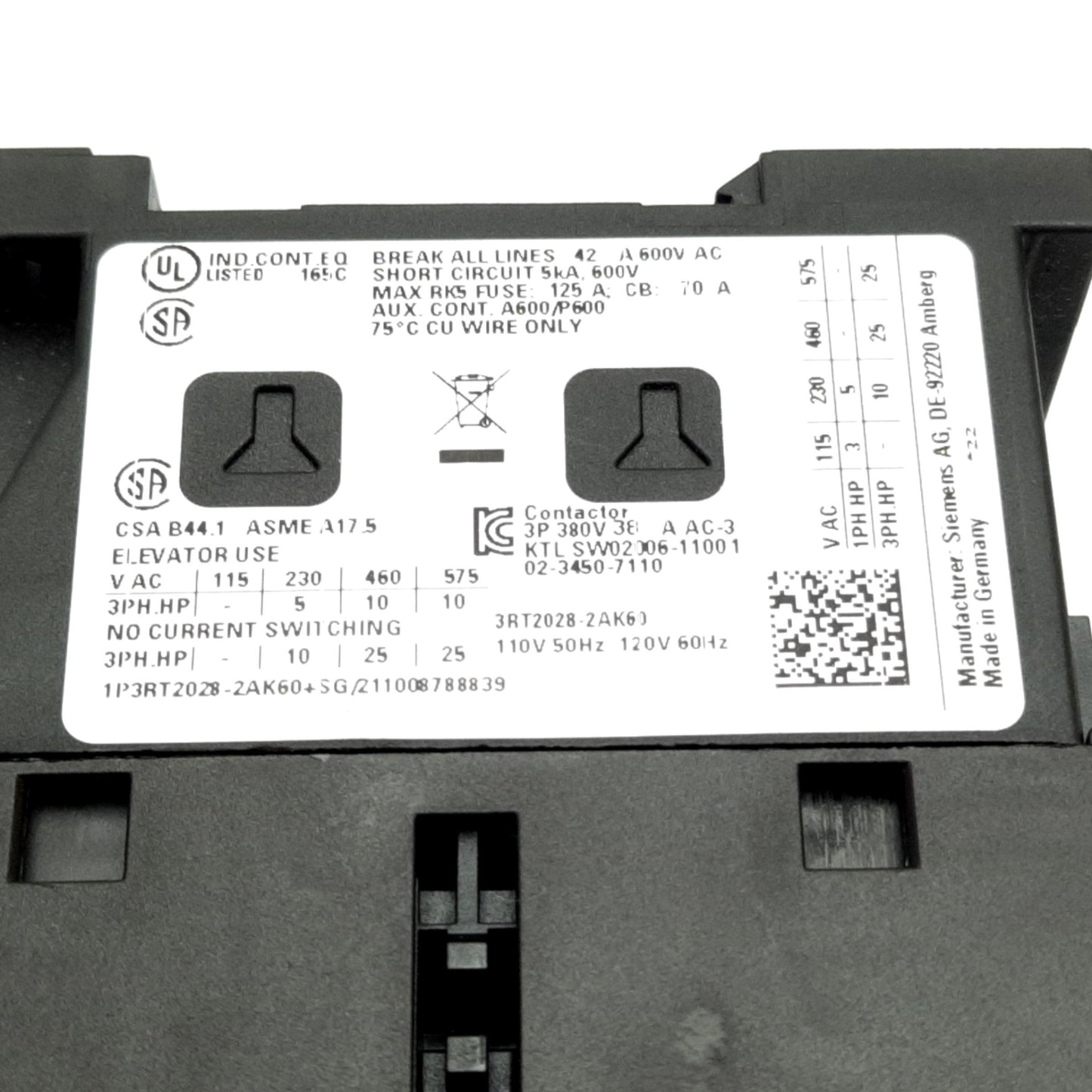 New – Open box Siemens 3RT2028-2AK60 Contactor, 3PST-NO, 110-120VAC Coil, 600VAC 38A Contacts