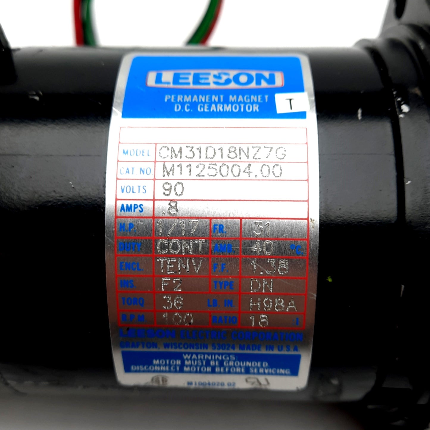 Used Leeson CM31D18NZ7G, Permanent Magnet Gearmotor, 90VDC, 36 LB.IN 100 RPM 1:18