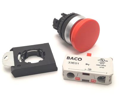Used BACO L21AC01 Mushroom Pushbutton 32mm Red, With 33E01 NC Contact, 240v AC, 3A